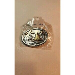 BEST Oval Christmas Tree Reindeer Two Tone Brooch Pendant Vintage